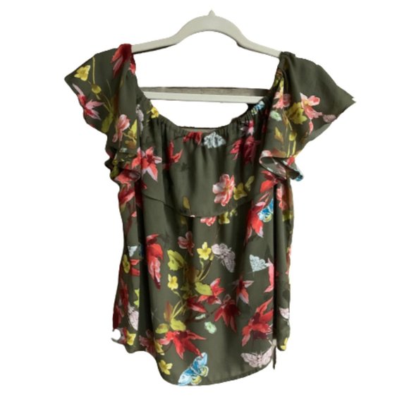 Maeve Off Shoulder Ruffle Tropical Flower Print Olive Green Small Blouse Top EUC - Picture 2 of 12